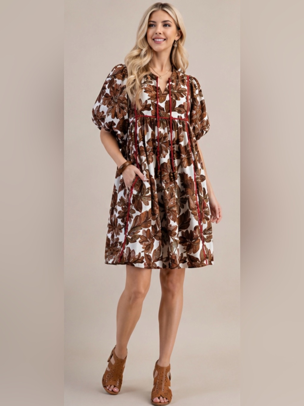 Gigio Floral Babydoll Mini Dress Medium Puff Sleeve Pockets Lined Boho NWOT - Picture 2 of 12